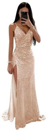 Robe de soirée formelle à bretelles spaghetti et paillettes pour femme, rose gold, 48