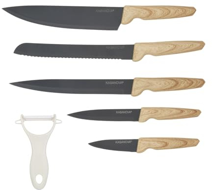 KASANOVA Set 5 coltelli e pelaverdure con manico effetto legno beige