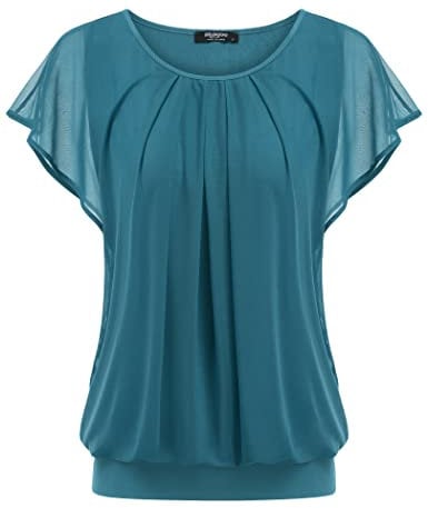 Zeagoo Womens Casual Tunic Top Short Sleeve Floral Blouse Loose Spring Summer Round Neck T Shirt Stretch Shirts Turquoise Blue