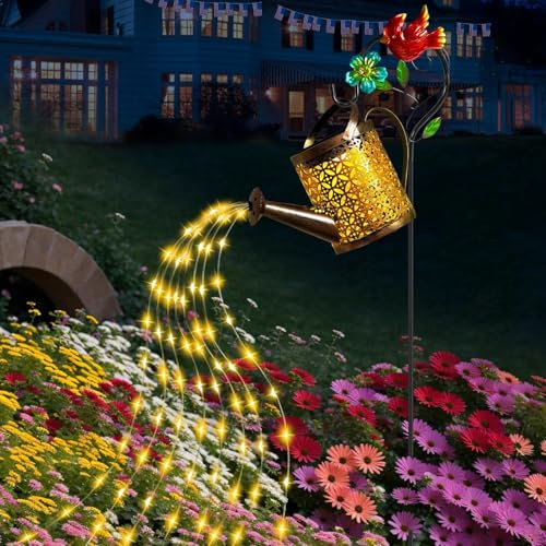 Ostritec Luces solares para exteriores, regadera solar con luces en cascada, regadera de metal con gancho de pastor cardenal, decoración de linterna solar para jardín, patio, regalos de jardinería