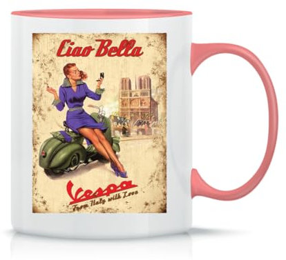 Moonai Vespa Ciao Bella With Love From Italy Klassische Keramik-Kaffeetasse Weiß Schwarz Rosa Magisch 330ml