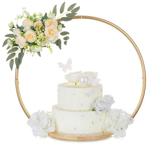 Hanobe Gold Cake Stand for Wedding: 11.7 Inch Round Arch Cupcake Display Stands with Wood Base Decorative Metal Hoop Centerpiece Decor for Party Birthday Baby Shower