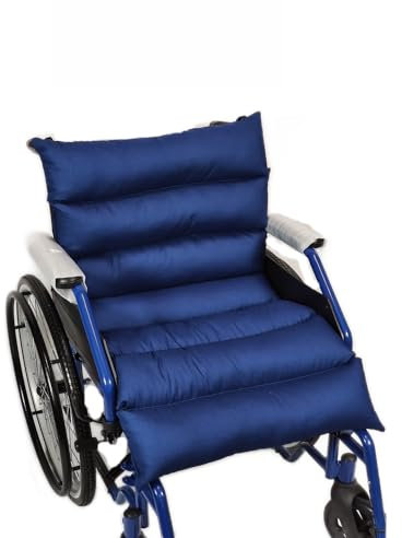 TAKIMED Cuscino Stuoia Coprisedia sedia a rotelle In Fibra Cava Siliconata, Cuscino con Schienale Antidecubito, Cuscino lungo Ortopedico per Carrozzina. Prodotto Italiano (Blu)