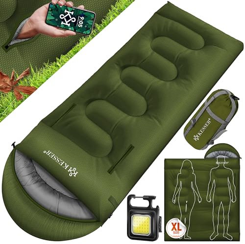 KESSER® Schlafsack Outdoor 220cm x 83cm | Deckenschlafsack 3-4 Jahreszeiten | Camping-Sleeping-Bag für Erwachsene | Leicht Tragbar Warm & Wasserabweisend inkl. Campinglampe & Seitentasche Khaki