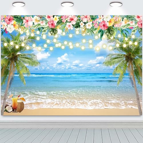 Hnmdmyi 2.1x1.5m Fotohintergrund Strand Sommer Tropische Palmen Blumen Meer Blauer Himmel Fotografie Hintergrund Hochzeit Baby Shower Geburtstag Hawaiianisch Aloha Luau Party Dekorationen