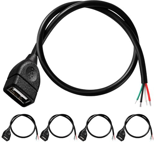 KUOQIY 5 Pezzi USB-A Femmina 4 Pin Filo Nudo, 30cm 22AWG USB 2.0 Femmina Spina 4pin Filo DIY Pigtail Cavo di Alimentazione, per Apparecchiature USB Installato