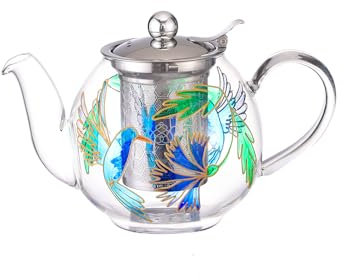 Cottea 1000ml/35oz Hand Painted Pattern Glass Teapot for Stove top,Tea Pot for Loose Tea,Glass Tea Kettle with Infuser,1 Pack, (Hummingbird)