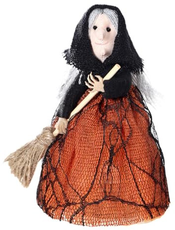 Acunny Muñeca de escoba terrorífica decoración de Halloween, bruja en escoba, muñeca de bruja con escoba, decoración de Halloween, accesorios realistas, muñeca de Halloween