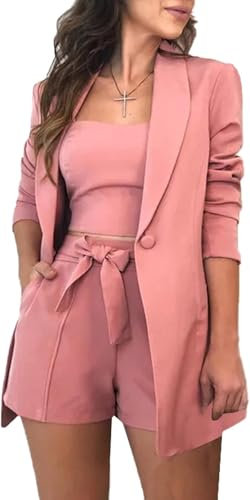 Suncadmious Donne Sexy Bussiness Abiti 3 Pezzi Aperto Davanti Bottone Blazer + Crop Top + Cintura Pantaloncini Set Tute (Rosa,L)
