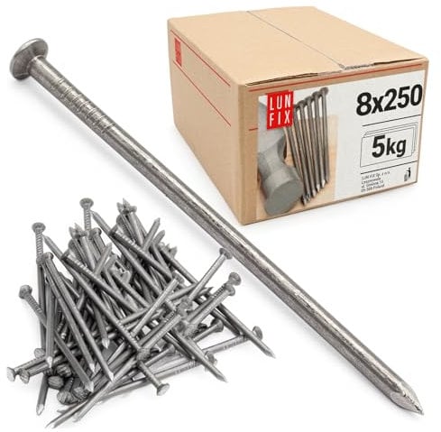 Lun Fix Perni 8 x 250 mm – 5 kg (circa 50 pezzi) chiodi in legno per lavori di costruzione, chiodi da costruzione non zincati, chiodi in acciaio da 10, lunghezza 250 mm, testa svasata