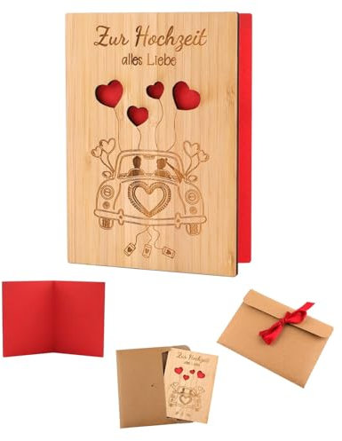 KGDUYC 1 Stück Holz-Hochzeitskarte mit Umschlag,15 x 11 cm Hochzeitskarte,herzförmige Liebesbriefkarte aus Holz,beschreibbare Bambuskarte,Glückwunschkarte zum Valentinstag,Jahrestag,Einladungskarte