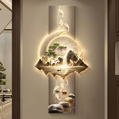 FUDUO-SHUNYI Sculptures murales Décoration Murale 3D,Peinture Murale Chinoise avec lumière LED,Peinture de Paysage décorative Orientale pour Couloir de Salon à Domicile,Peinture Abstraite Moderne