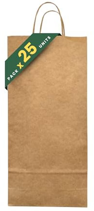 Pack de 25 Bolsas para 2 Botellas de Vino Genérico 38x18x8 cm - Bolsas de Papel Kraft con Asas para Regalo, Bodas y Eventos - Manuela Packaging