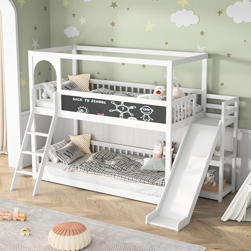 RWUDV Etagenbett 90 x 200cm, Hausbett für 2 Kinder, Kinderbett mit Leiter und Rutsche, Graffiti-Tafel, Hochbett mit Lattenrost & Aufbewahrungsschrank, Massivholz Funktionsbett, Ohne Matratze