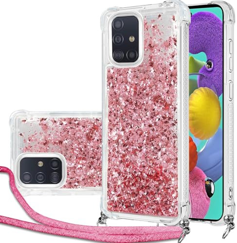 Handykette Hülle für Samsung Galaxy A51 mit Band, Glitzer Treibsand Handyhülle mit Band, Schutzhülle mit Kordel zum Umhängen, Necklace Case für Samsung Galaxy A51 Hülle Quicksand Glitzer