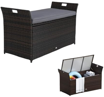 LIFEZEAL Banco de Almacenaje de Rattan PE, Reposapiés de Sofá, con Cojín Desmontable y Asas Laterales, Baúl de Almacenaje Exterior, Taburete para Piscina, Terraza, Patio, Jardín