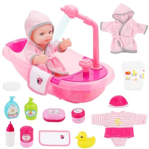 deAO Set de Cuidado para Muñeca Bebé con Bañera Manual, Incluye Muñeca de 12 (30cm), 2 Conjuntos de Ropa y 11 Accesorios, Juguete de Cuidado de Bebés para Niñas +3 Años (Juego de Imitación)