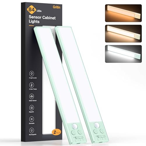 Gritin Lampe de Placard- 84 LED Super Lumineuses,3 Couleurs&5 Luminosités,4 Modes,Capteur de Mouvement, Rechargeable 1800mAh Longue Durée -Installation Facile Lampe d'Armoire Magnétique,Cyan