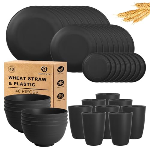 BUSOKIP Wheat Straw Dinnerware Sets 40 PCS - Unbreakable Dishes Set | Service for 8, Microwave Safe Plates and Bowls Sets, Drinking Cups | Kitchen Dish Set, RV, Camping Dishes - Black