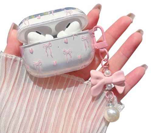 MINSCOSE Kompatibel mit AirPods Pro/Pro2 Clear Case, niedliche Schleife Band Herz Design mit Bogen Perle Schlüsselanhänger, weiche TPU schützende stoßfeste Fall für Frauen für Airpod Pro/Pro2-Rosa