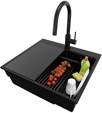 PRIMAGRAN Granitspüle ab 60er Unterschrank + Küchenarmatur, 58x53cm | Set: Küchenarmatur BW9010 + Ablauf-Set + Spülbecken 1 Becken - Oslo Max Step, Alles Schwarz