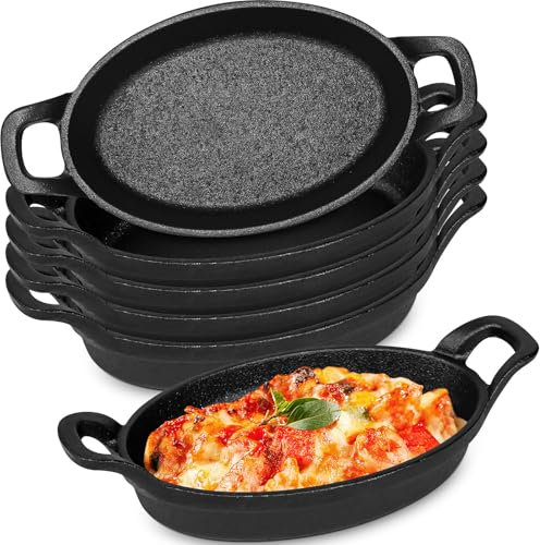6 Pieces Mini Cast Iron Skillet 15.4x9.6 cm Small Oval Skillets Cast Iron Cookware Set Single Serve Dish Pans Mini Casserole Dish for Baking Roasting Cooking Grilling Ramekins