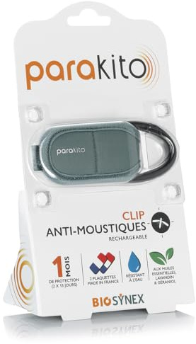 BIOSYNEX - PARAKITO - Clip Anti-Moustiques Réutilisable - 2 Plaquettes Incluses aux Huiles Essentielles - 1 Mois de Protection - Sans DEET - Pour Sac à Dos ou Autre Équipement (Kaki)