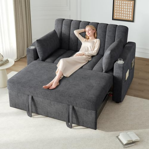 Zubaliya - Sofá convertible de 2 plazas con portavasos y almohadas, sofá cama con función de dormir, sofá de 2 plazas moderno con respaldo ajustable, adecuado para salón, dormitorio, apartamento, gris