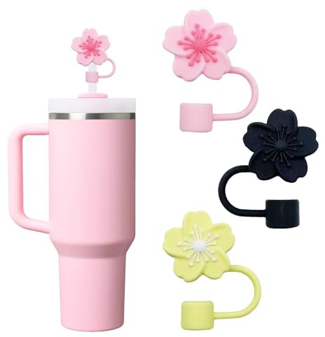 Stanley Cup Accessories, Flower Straw Covers, Silicone Straw Attachment, Straw Attachment, Straw Cap for Stanley Tumblers, 10mm (Black, Yellow, Pink, 3pcs)