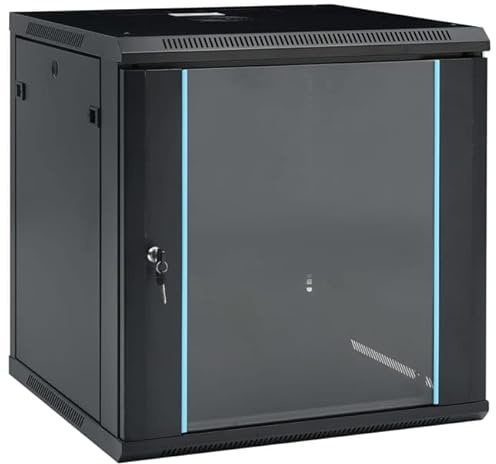 Armadio Rack 12 U 19 Pollici da Parete per Rete e Server in Acciaio Porta Vetro Temperato con Serratura - 60x45x65cm - Nero