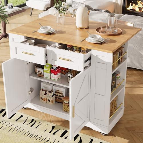 DRIXNO Küchenschrank,mit Holzmaserung, Multifunktionale Esstisch mit Speicherraum, mit Stretchfunktionsschränken,Weiß
