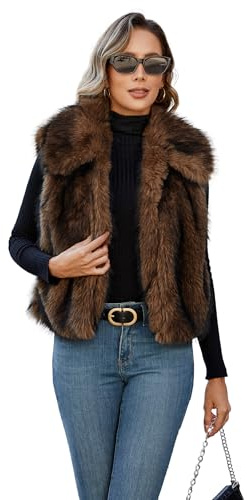 FIOPHY Womens Faux Fur Vest Lapel Collar Sleeveless Open Front Cardigan Top Fuzzy Coats Jacket Fluffy Outwear with Pockets Coffee M