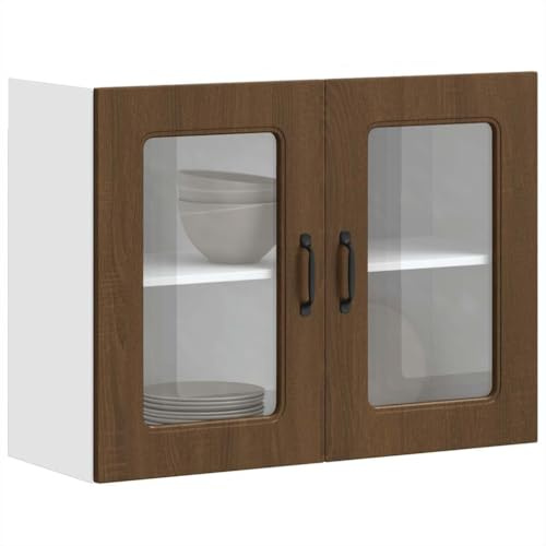 Qnhdfrt Küchen Hängeschrank mit Glastür Braun Eichen Optik 80x31x60 cm Wand Vitrinenschrank für Küchenregal Stauraum Optimierung in Küche und Wohnbereich
