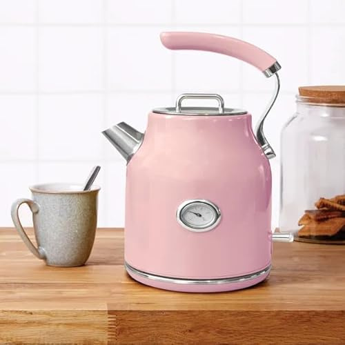 New Retro Gloss Jug Kettle 1.7L | 3KW Rapid Boil | Temperature Gauge | Cordless 360° Base | Grey Electric Kettle with Gloss Finish M-03 (Pink)