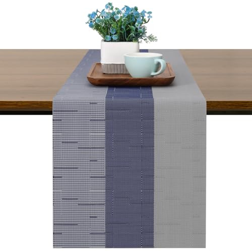 Chitomars Tischläufer Modern abwaschbar Outdoor hitzebeständig Tischläufer | PVC Gewebte Tischläufer rutschfest Vinyl für Häuser Restaurants Hotels Tischdekos (Grau Blau, 30x135cm)