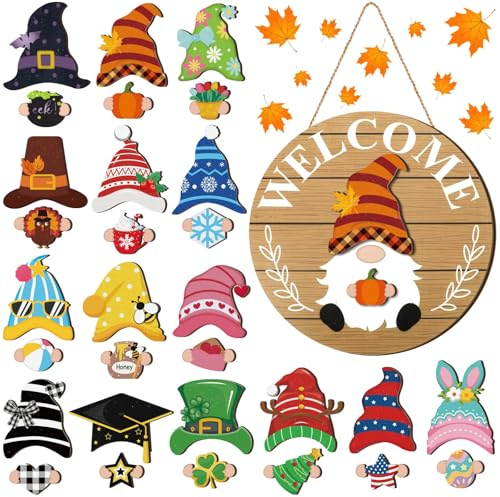 Halloween Wichtel willkommensschild haustür-30 magnetischen Abnehmbare Hüte und saisonale Motive, 30cm DIY Dekoration für Haustür, Veranda und Wand, Personalisierbare Willkommensdekoration (D)