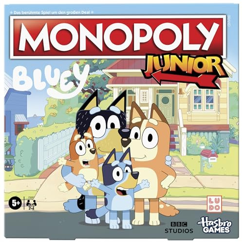 Monopoly Junior: Bluey Edition Brettspiel für Kinder ab 5 Jahren, Spielfiguren von Bluey, Bingo, Mum und Dad, mit Design zur Animationsserie - Deutsche Version
