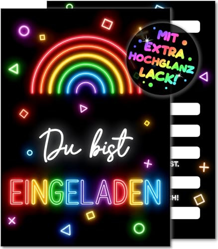 12x Neon Party EINLADUNGSKARTEN KINDERGEBURTSTAG Mädchen Junge - die leuchtend bunten PARTY Karten sind die Regenbogen EINLADUNG für Jungen Kinder Teenager Gamer GEBURTSTAG Lasertag Karaoke Gaming