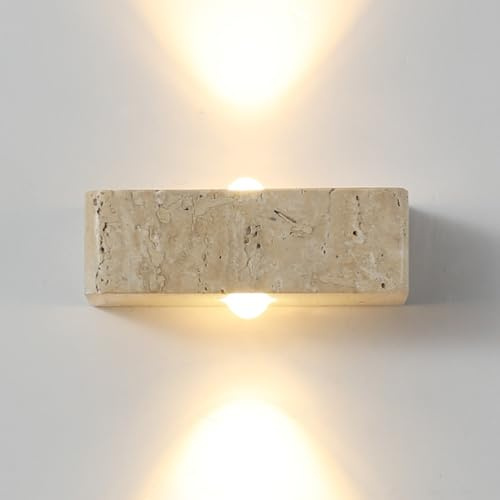 Jadssox Wabi-Sabi Travertin-Wandleuchte, Naturstein-Wandlampe, Quadratische Wandleuchte, Up-Down-LED-Wandleuchten, Kunstlampen Im Japanischen Stil For Schlafzimmer, Flur, Wohnzimmer(Yellow)