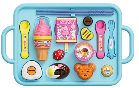Ngbbby Jouet à Pudding 1 Ensemble, Jouet à Pudding Japonais avec cuillère, Fourchette, Baguettes, Assiette Glace, Jeu de Simulation, Bleu