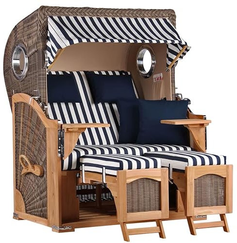 MR. DEKO® Strandkorb Düne Teak 2-Sitzer Bullauge | PE Geflecht Grey | Volllieger Strandstuhl verstellbar | inkl. 4 Kissen Wechselpolster | Strandkörbe fertig montiert aus Teakholz | (Dessin 518)