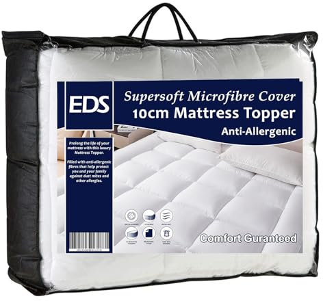 Mattress Topper Protector King Size Bed 10cm Thick Hotel Quality Hollow Fibre Filled Box Stitched Quilted Bed Topper Pad with Strong Corner Elastic Straps (King - 152 × 200 CM)