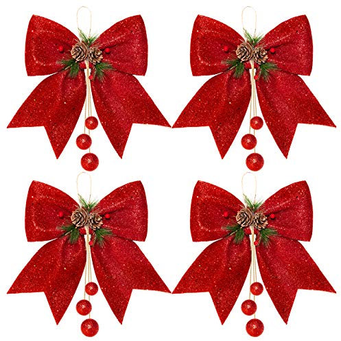 Waline 4 rote Weihnachtskränze Schleifen – 24,9 x 30 cm Glitzer-Paillettenschleifen für Weihnachtsdekoration