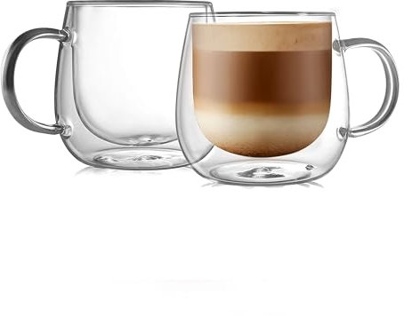 CNGLASS Doppelwandige Kaffeegläser 290ml/10oz, Isolierte Kaffeetassen Glas 2er Set, Klare Gläser Cappuccino Tassen mit Henkel für Kalte und Heiße Getränke