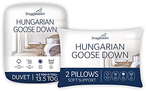 Snuggledown Hungarian Goose Down 13.5 Tog Super King Duvet - 4.5 Tog Summer Plus 9 Tog All Seasons 3 in 1 Combination Quilt, 2 Pillows - Jacquard Cotton Cover, Machine Washable, Size (260cm x 220cm)