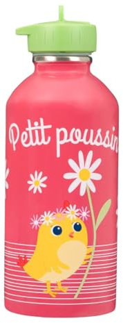 Gourde enfant Acier inoxydable DRAEGER PARIS - Facile à nettoyer - gourde réutilisable - Idéale pour parc, école - Contenance 300ml - 17 cm x 6,5 cm - Rose - Message inscrit : Petit Poussin