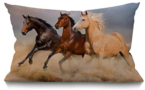 BGBDEIA Horse Cushion Cover 12x20 Inch Wild Animal Three Horses Run in The Wind Sand Rectangle Pillow Cases Home Decorative Cotton Linen Throw Pillow Cover for Bed Sofa 30 x 50 cm