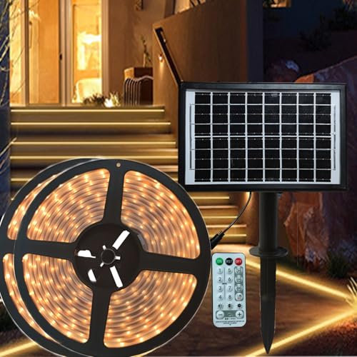 VANLUDA 20m Solar LED Streifen für den Außenbereich,IP67 Wasserdicht Solar LED Strip,Warmweiße Außen Dimmbare LED Streifen mit 8 Modi Fernbedienung für Garten,Baum, Zaun,Pool Dekor