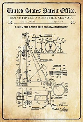 DekoDrom® Blechschild 20 x 30 cm US Patent Schlagzeug Instrument Musik historisches Motiv Wand Deko Sammler Geschenk