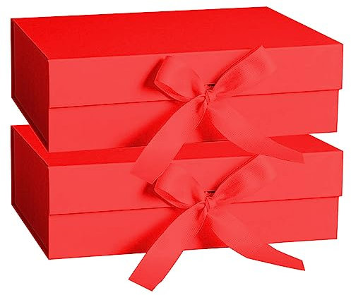 DAWNTREES 2 Pack Red Gift Box with Lid for Presents,26x19x8 cm,with Ribbon and Magnetic, Gift Box Large Closure for Christmas, Hanukkah, Fathers Day, Weddings, Birthdays, Grooms Gifts